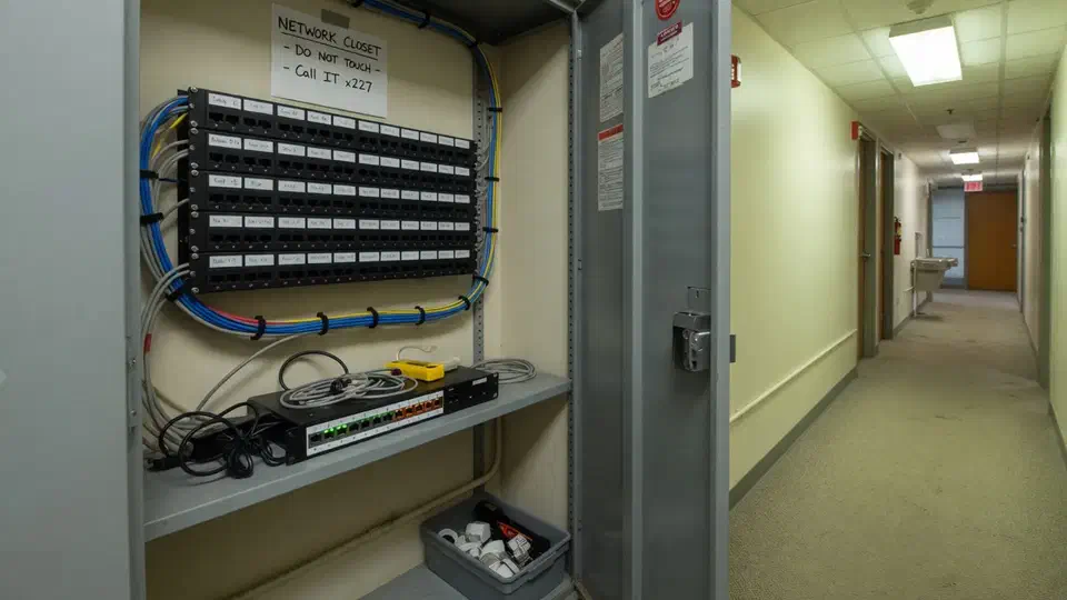 Small professional office network closet with a patch panel