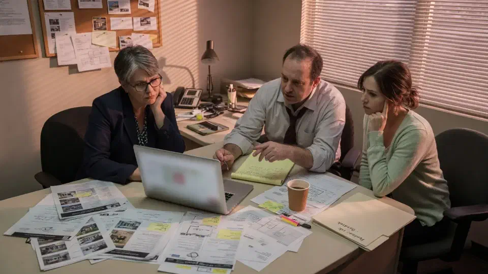 Three people in a real estate office looking at an out-of-focus laptop