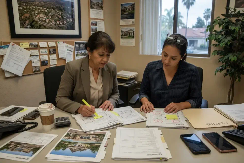 Two people in a real estate office reviewing printed listing packets with phones face down