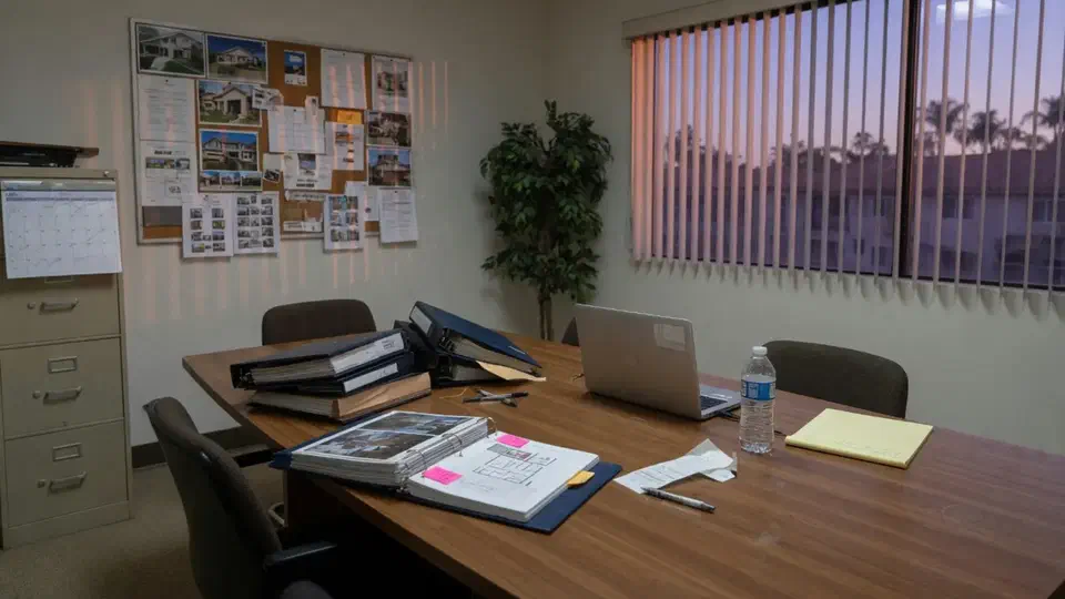 Quiet real estate conference room with listing binders and a closed laptop at dusk