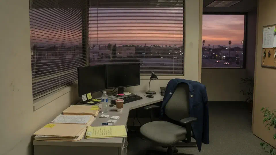Empty agent workstation after hours with dark monitors