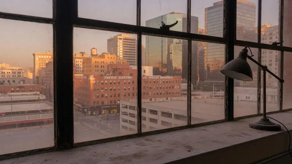 Downtown Los Angeles brick and glass towers seen through a dusty steel office window at dusk
