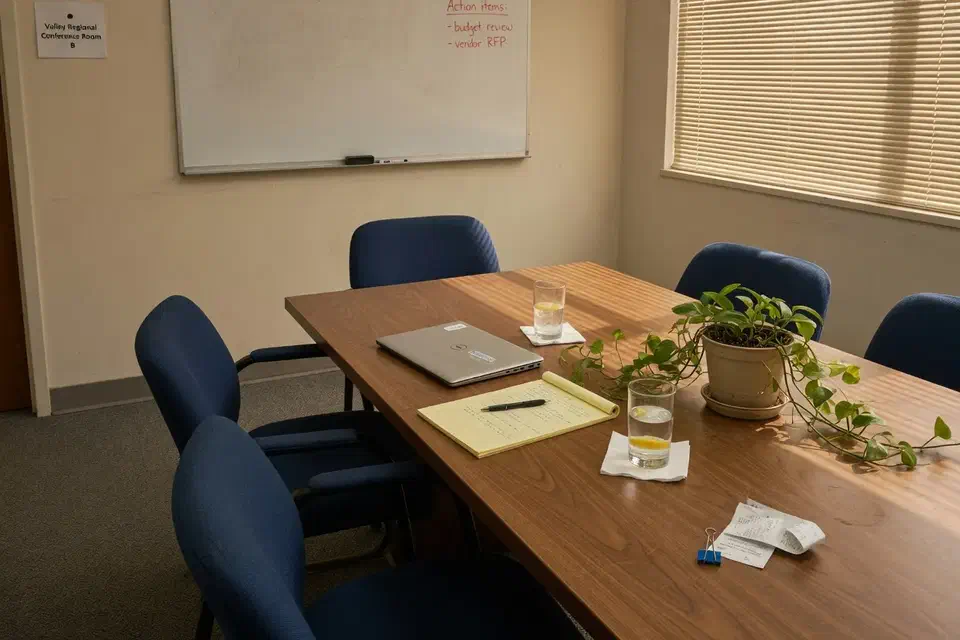 Lived-in San Fernando Valley conference room after a project meeting