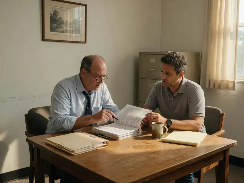 Managing partner and engineer reviewing a restore packet at a small table