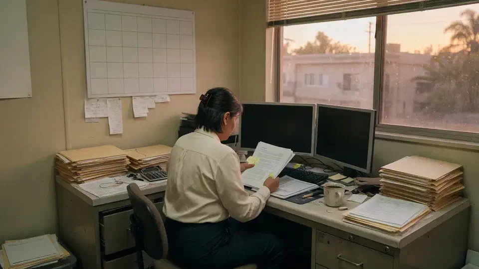 Accountant at dusk reviewing papers at a desk with monitors turned off