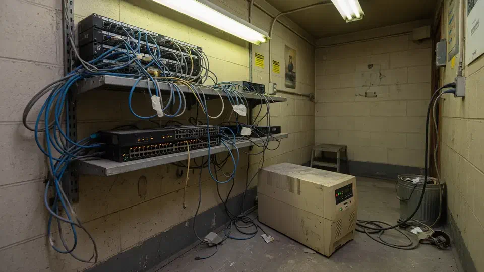 Office network closet with switches, cables, and a floor UPS