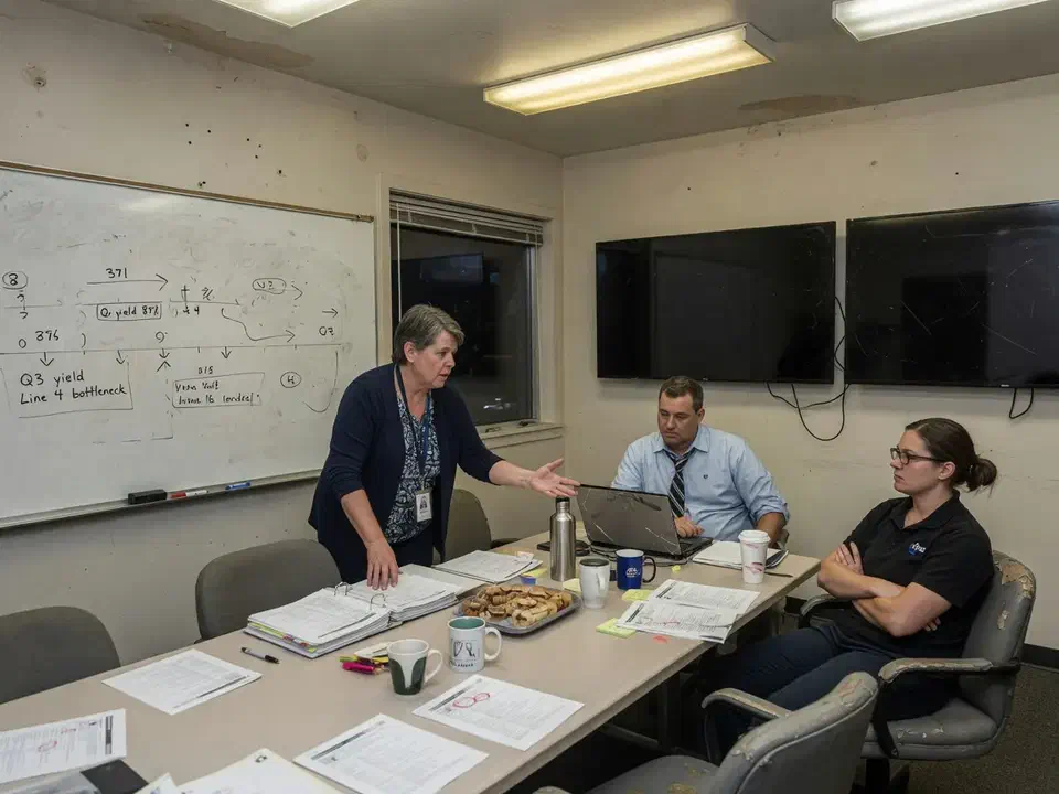 Three people in a plant conference room after the standup readout