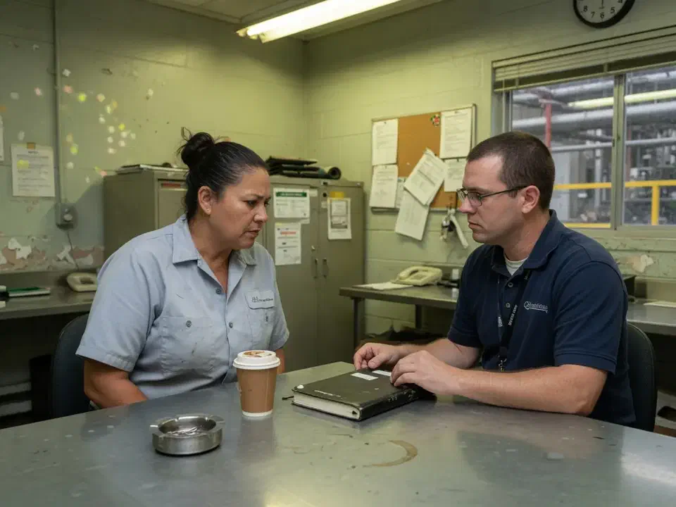 Plant coordinator and engineer talking at a metal table