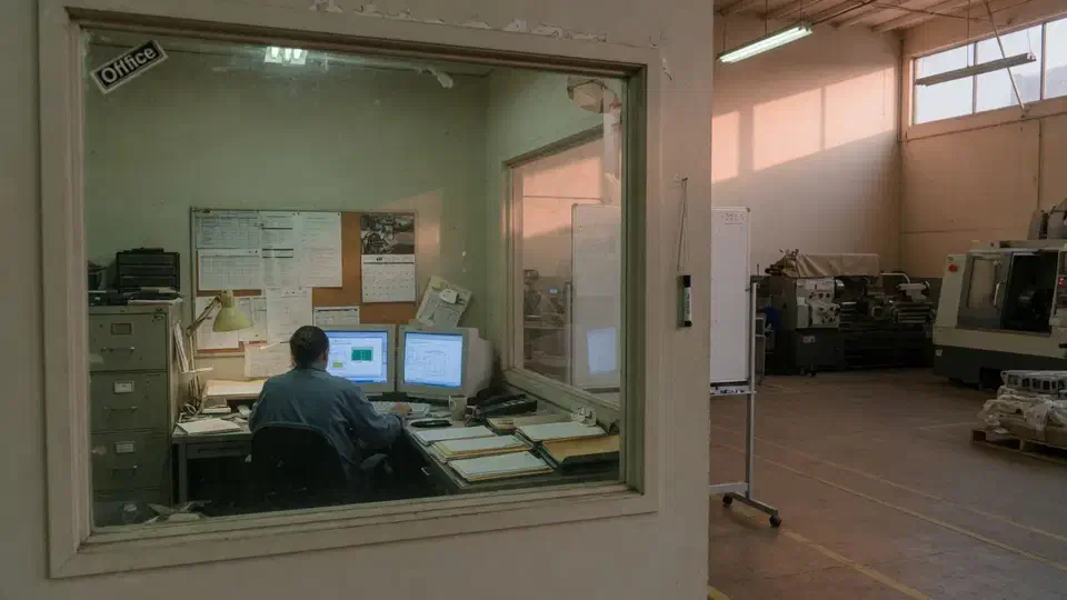 Plant office seen through a window, with a shop floor beyond