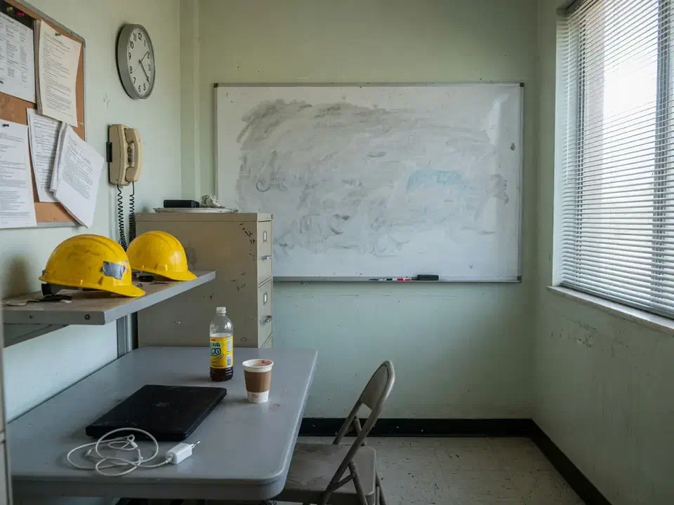 Manufacturing office with a closed laptop and hard hats on a shelf