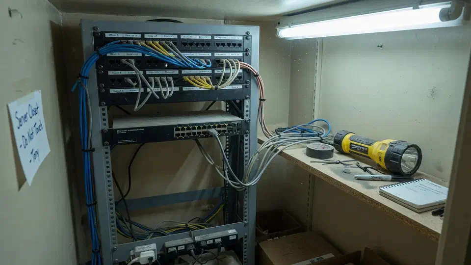 Small clinic network closet with a labeled patch panel and a flashlight