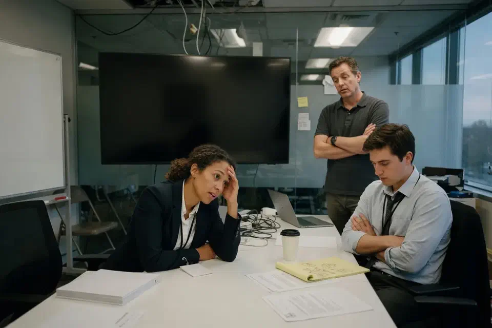 Three people in a startup conference room after the credential briefing
