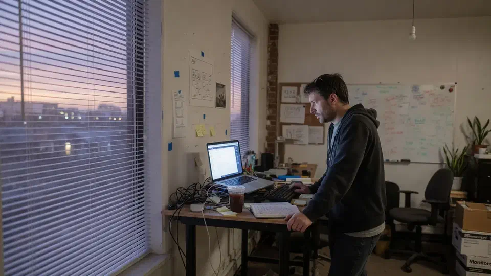 Founder at a standing desk in a small startup office at dusk