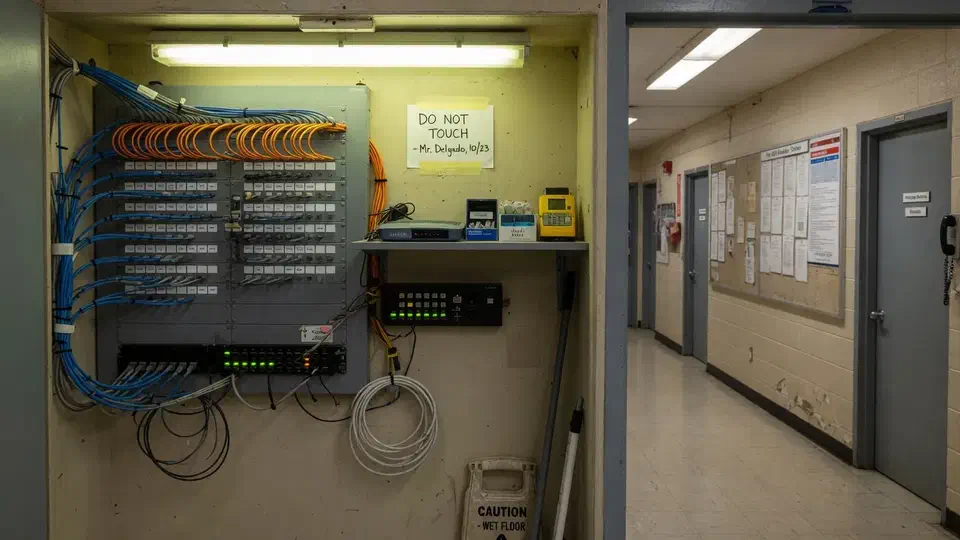 School admin hallway with an open network closet