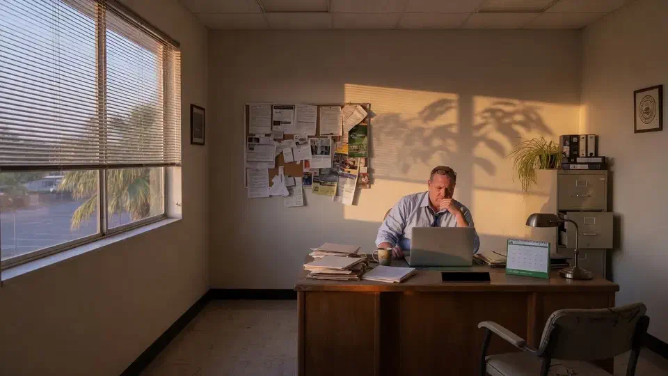 School administrator working alone in a late-day office