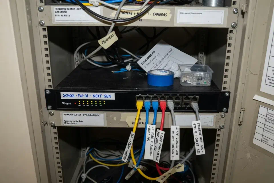 Next-generation firewall appliance in a small school rack
