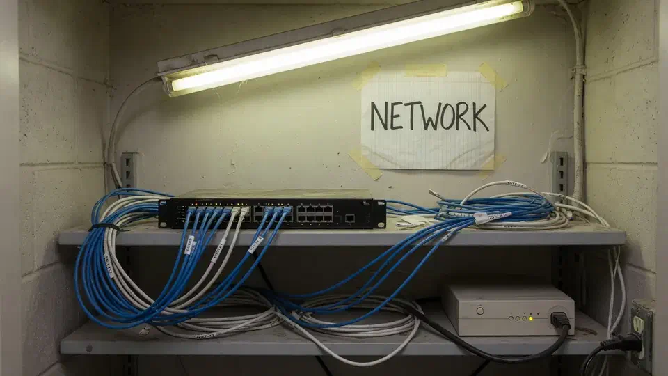 Small office network closet with a modest switch and a NETWORK paper sign