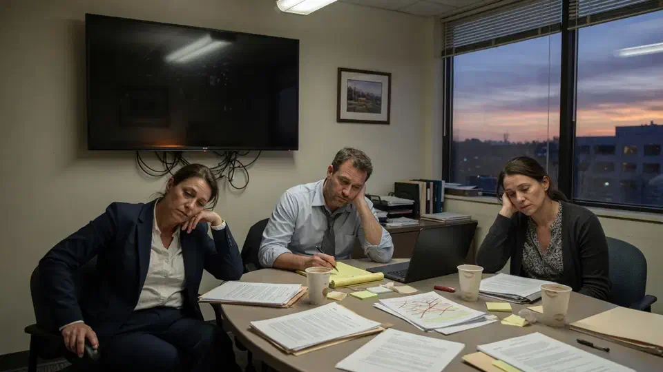 Three people in a small conference room after the help desk briefing