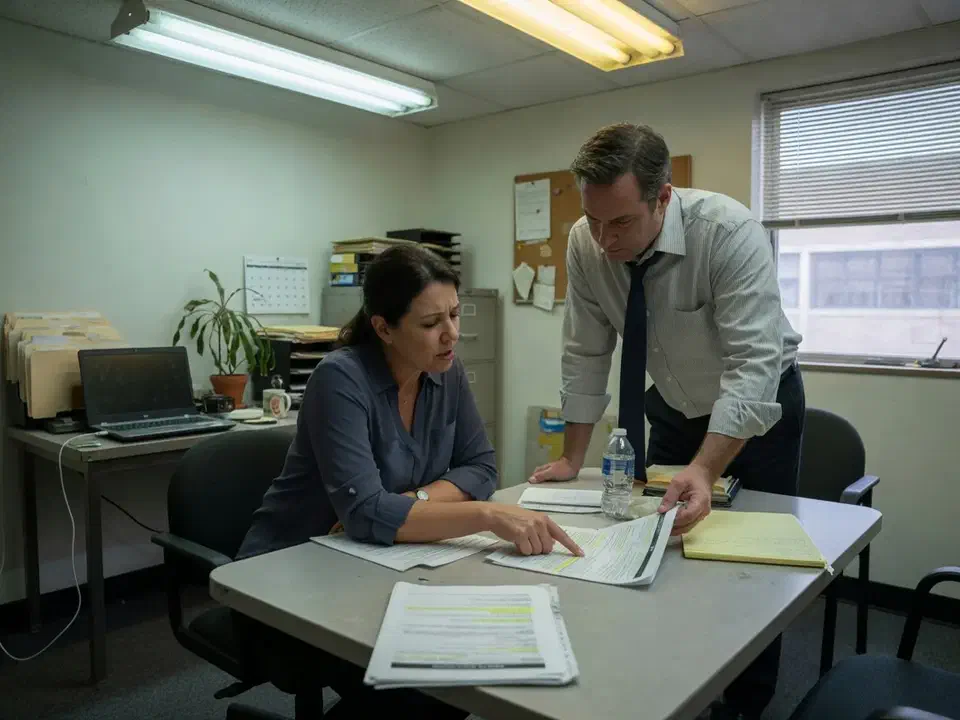Two people reviewing a printed support packet in a small office