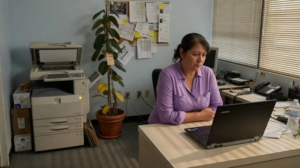 Office manager at a reception desk looking at a laptop in late-afternoon light