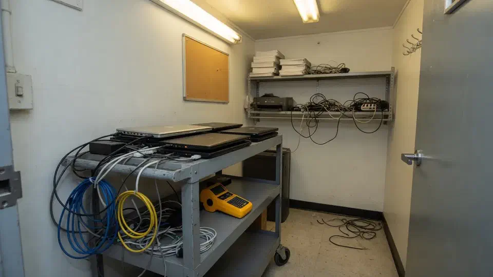 Laptop cart and cables in a small office closet