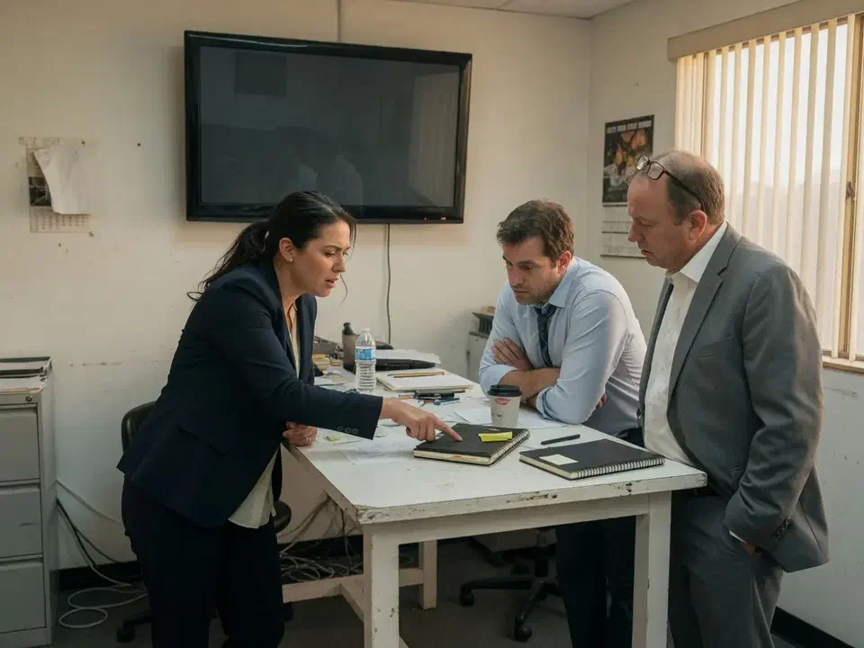 Three people reviewing the enrollment plan around a table