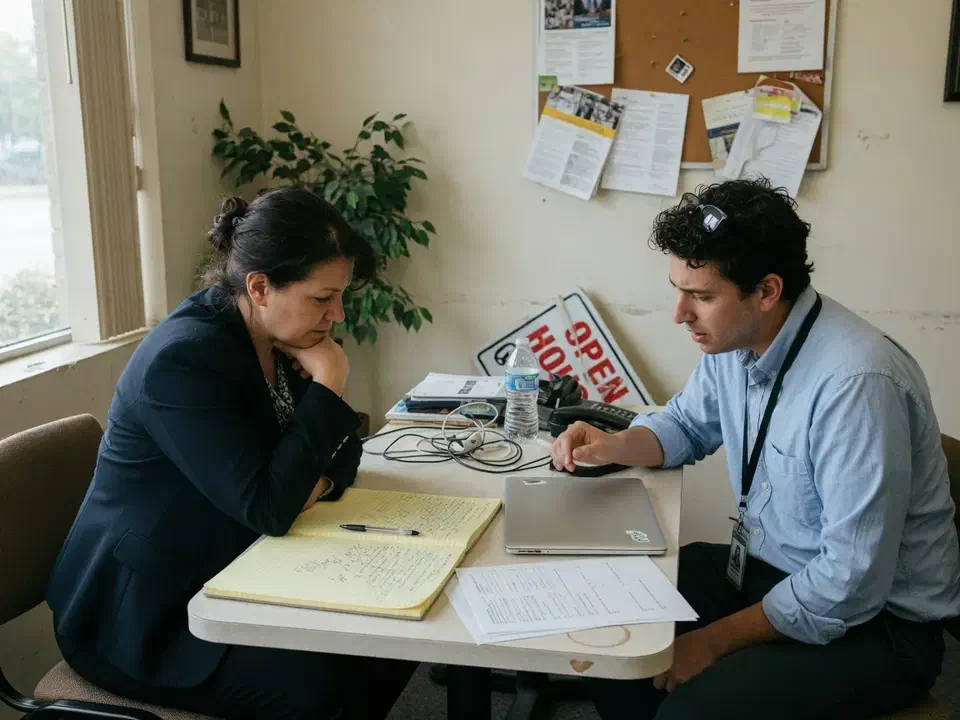 Broker and engineer talking at a small table with a closed laptop