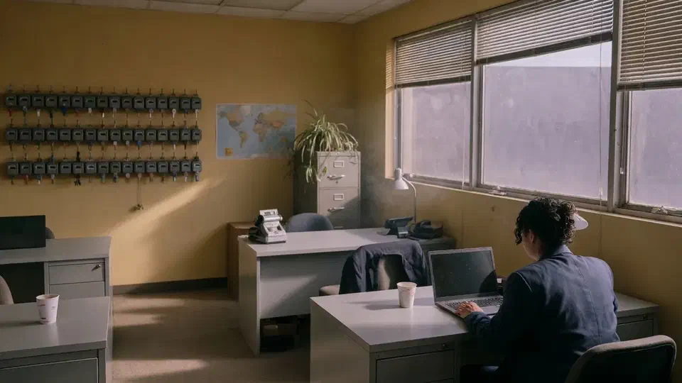Brokerage back office with a key wall and an agent at a laptop
