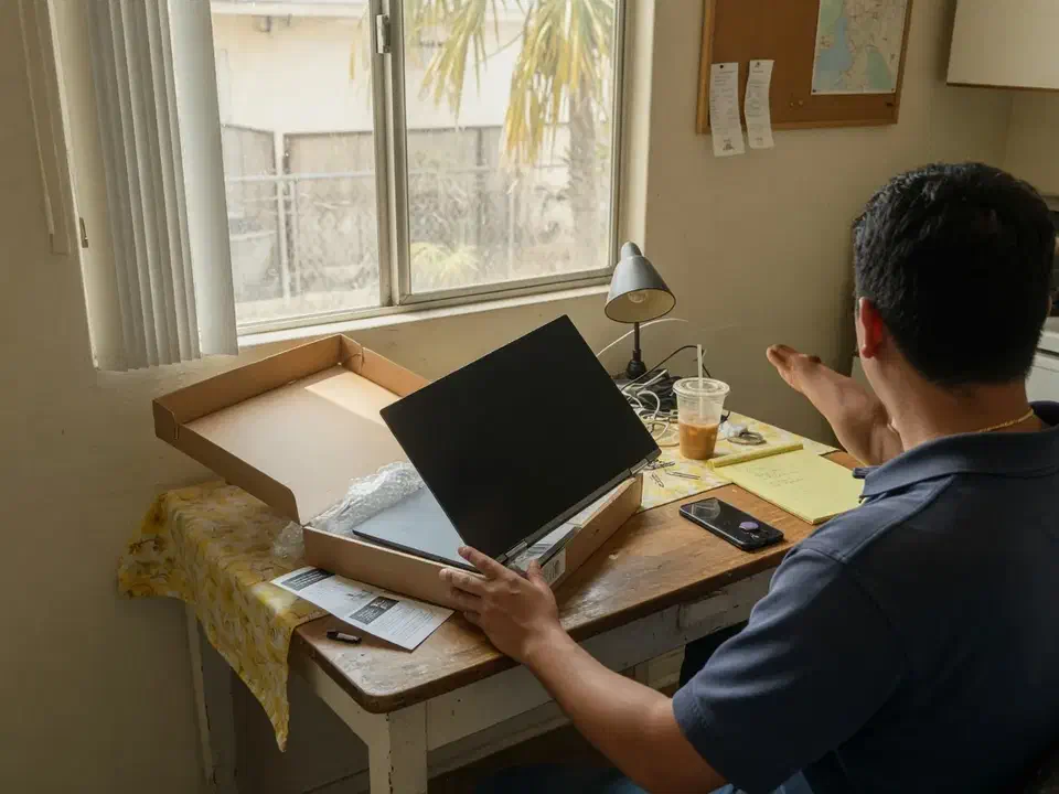 Staff member unboxing a new laptop at a side desk
