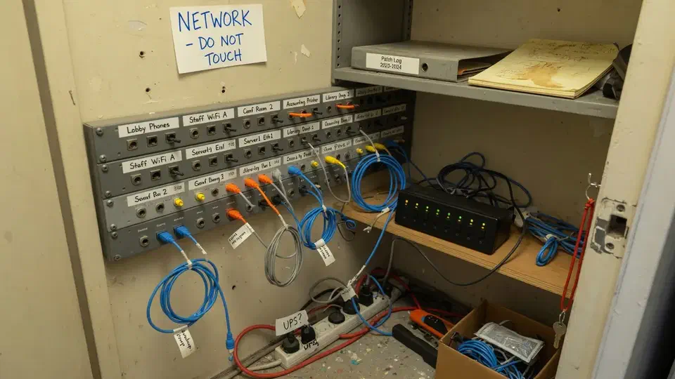 Small office network closet with labeled patch panel and a modest switch