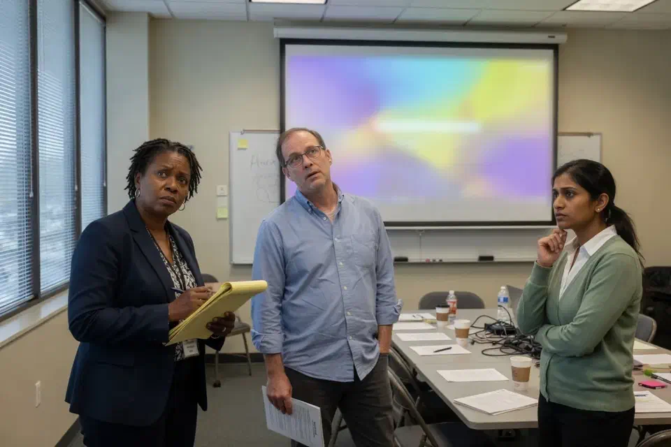 Three people in a nonprofit conference room after the MFA briefing