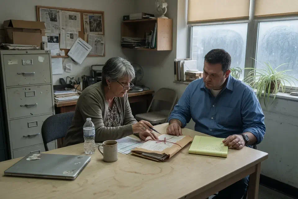 Two people reviewing a printed MFA packet in a small nonprofit office