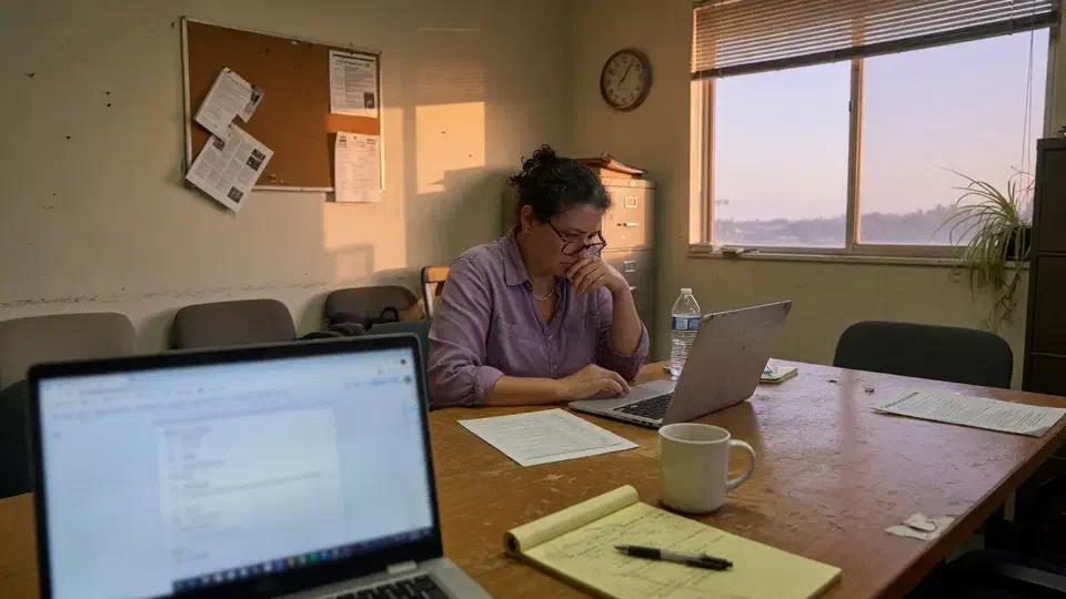 Nonprofit operations lead working at a conference table in late-day window light
