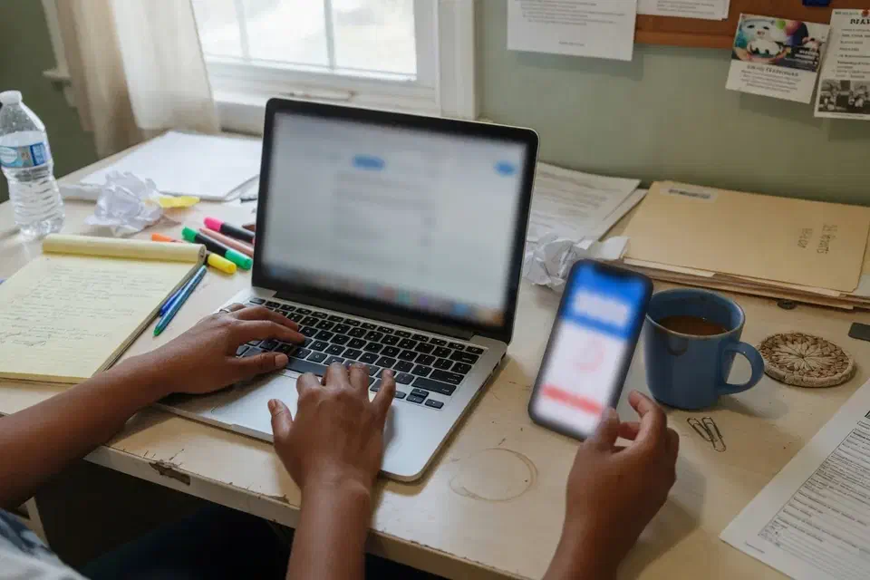 Hands at a laptop with a phone used for sign-in sitting on the desk