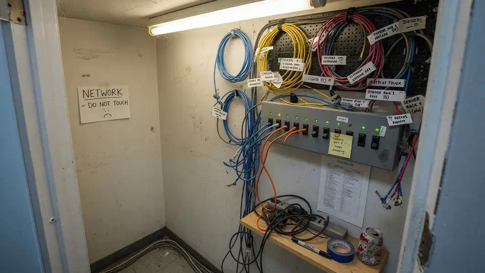 Small creative-office network closet with labeled cables