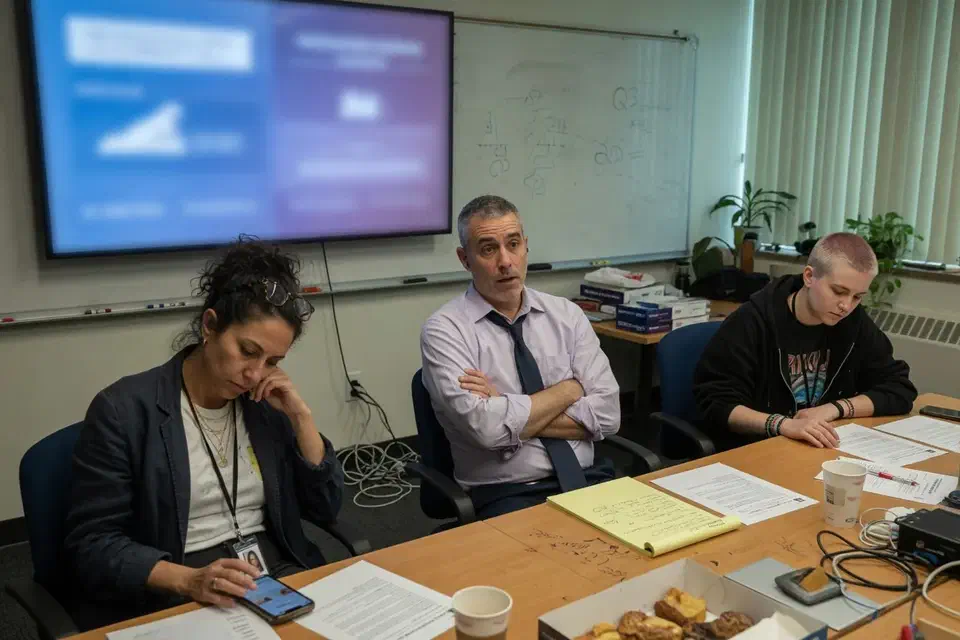 Three people in an agency conference room after the sharing briefing