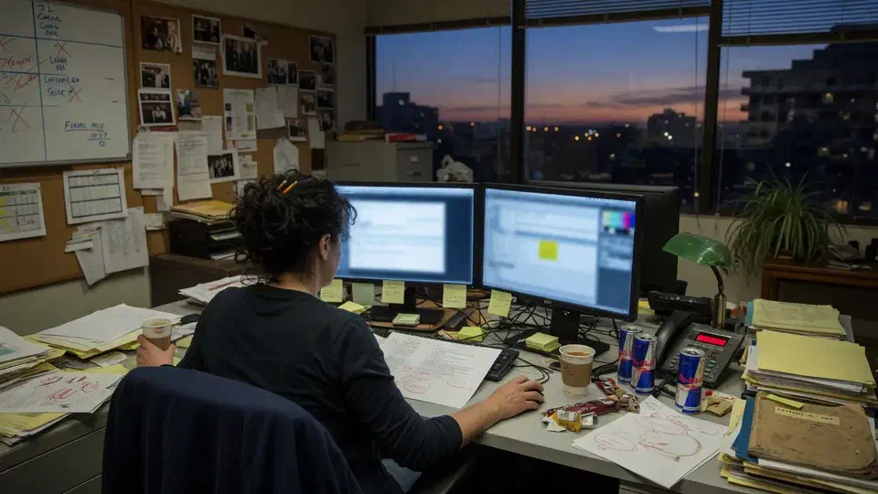 Producer at a cluttered agency desk with monitors turned away