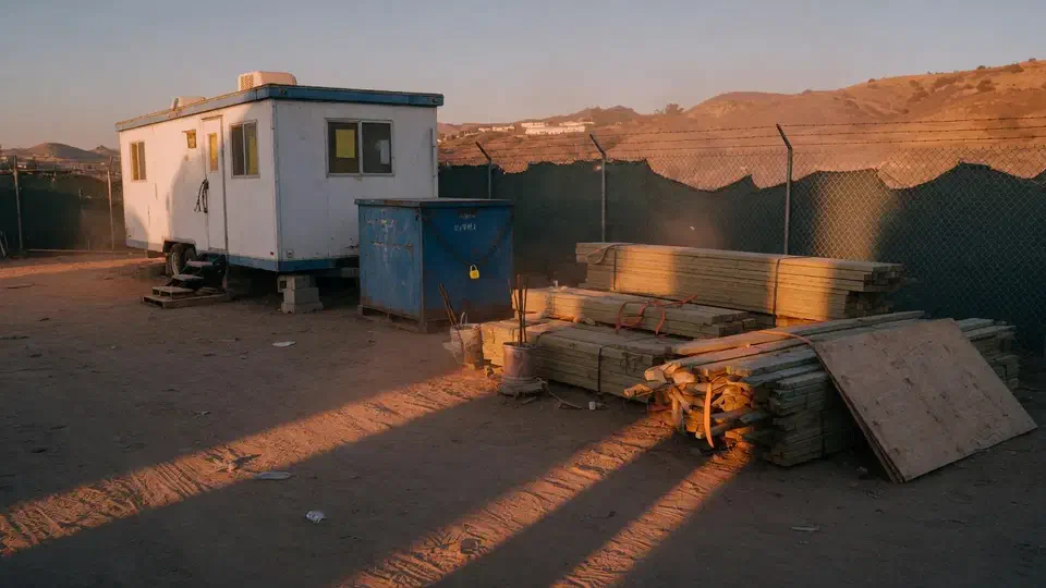 Southern California jobsite at golden hour with a trailer, conex, and stacked lumber