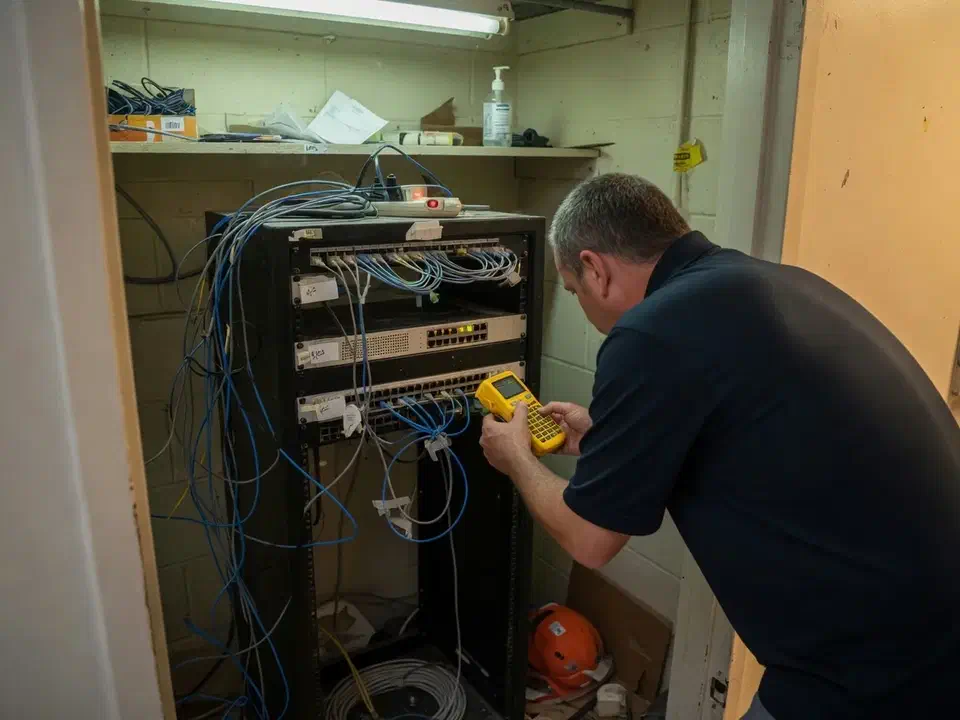 Technician labeling cables in a small construction-office network closet