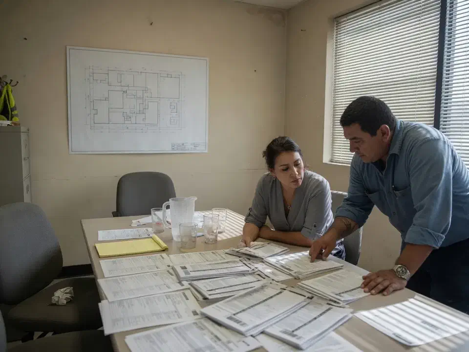 Operations and a superintendent reviewing an inventory packet in a construction office