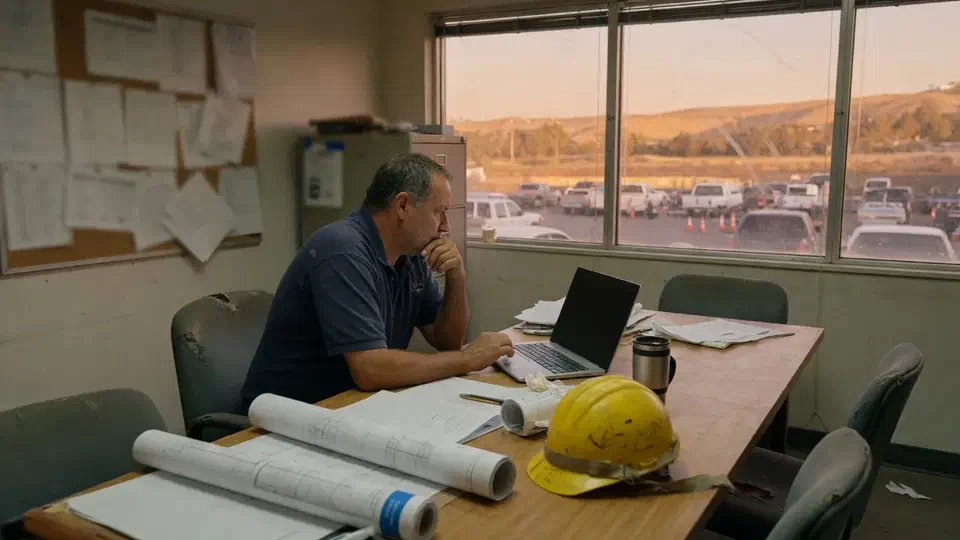 Construction operations manager at a headquarters table with plans and a dark laptop, Valley hills in the window