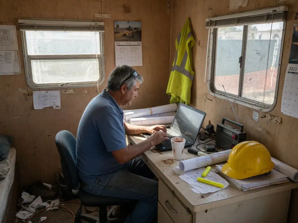 Project manager working from a plywood jobsite trailer
