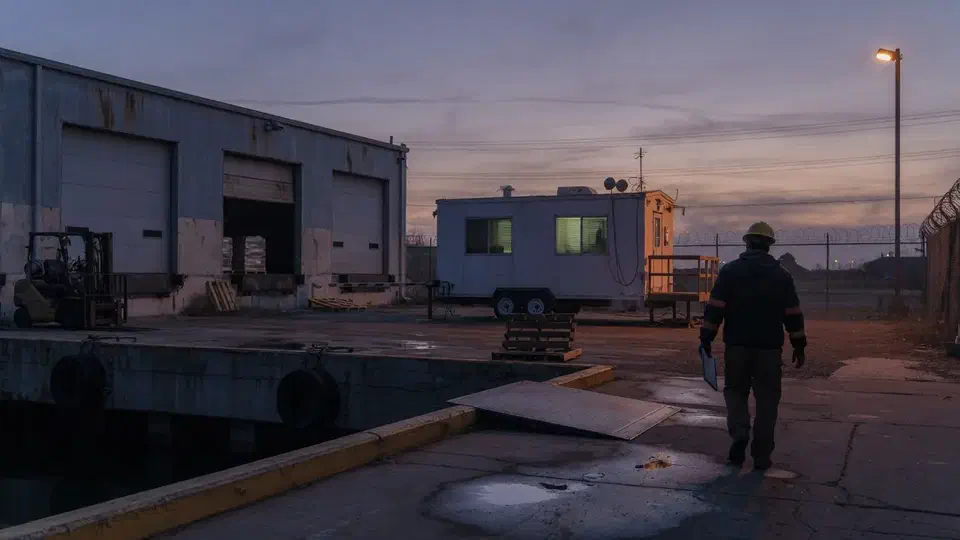 Worker walking a warehouse dock at twilight
