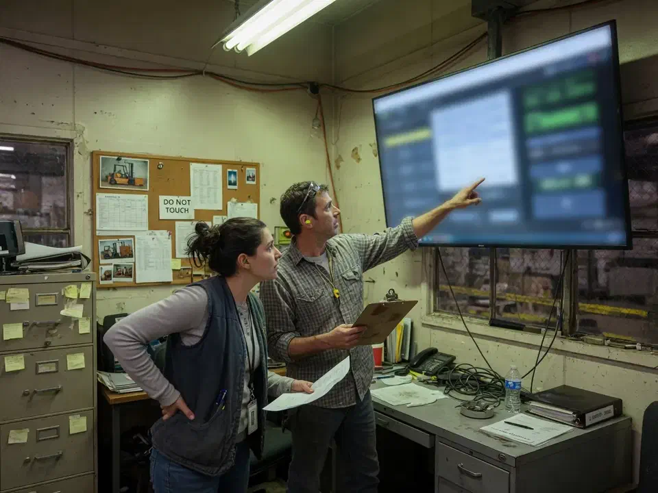 Two people reviewing an out-of-focus monitoring screen in a warehouse office