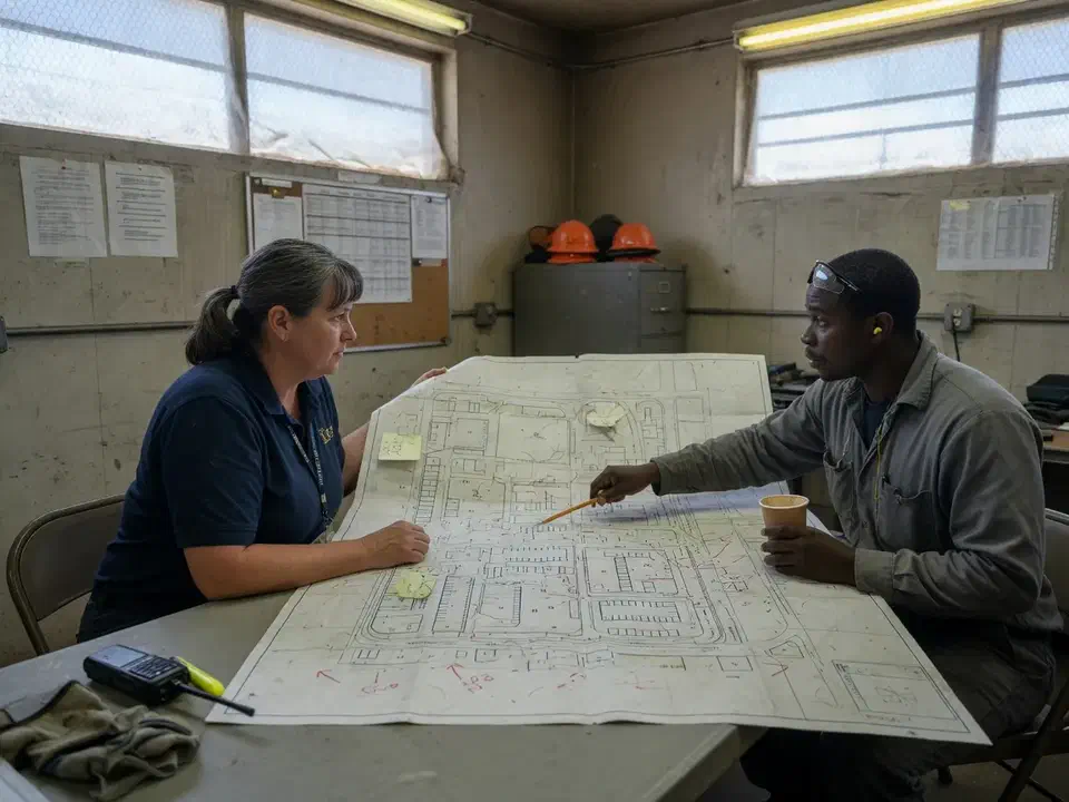 Operations lead and technician reviewing a printed yard map
