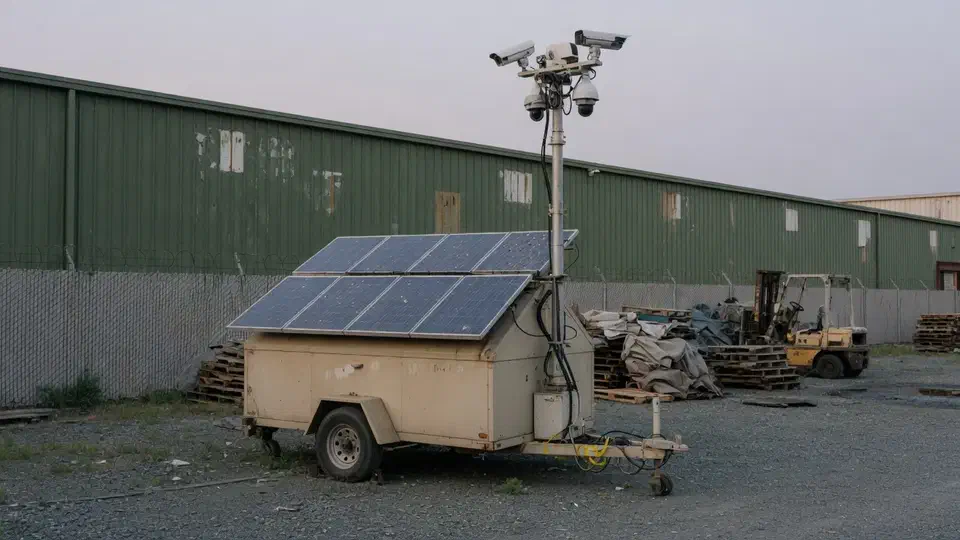 Solar-powered mobile camera trailer parked on gravel beside a warehouse fence