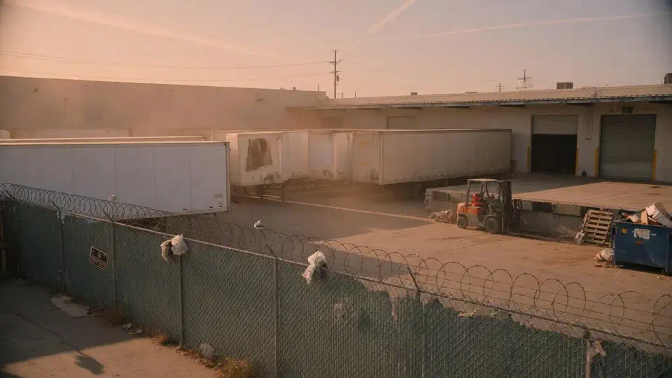 Warehouse yard with trailers, a dock, and a chain-link fence at dusk