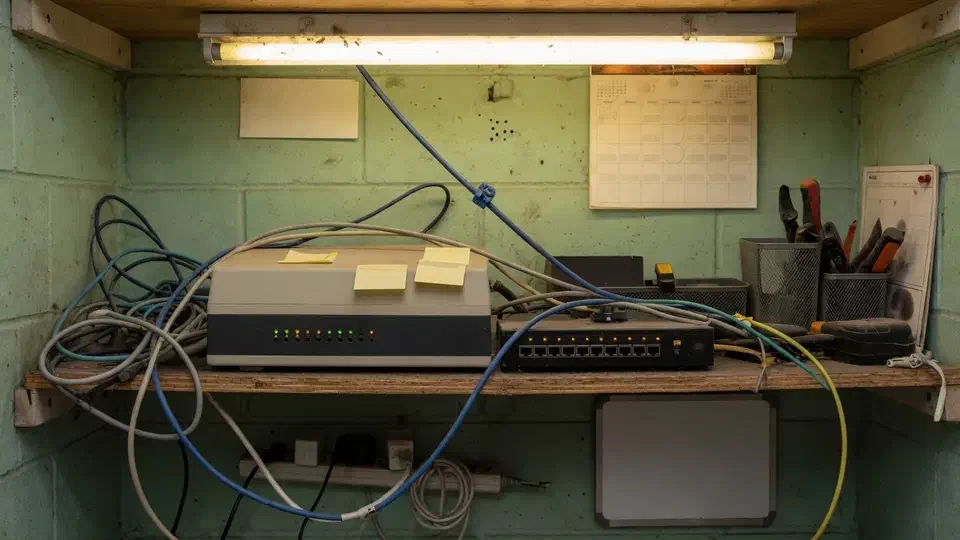 Small restaurant shelf with a modem, switch, and ethernet cables