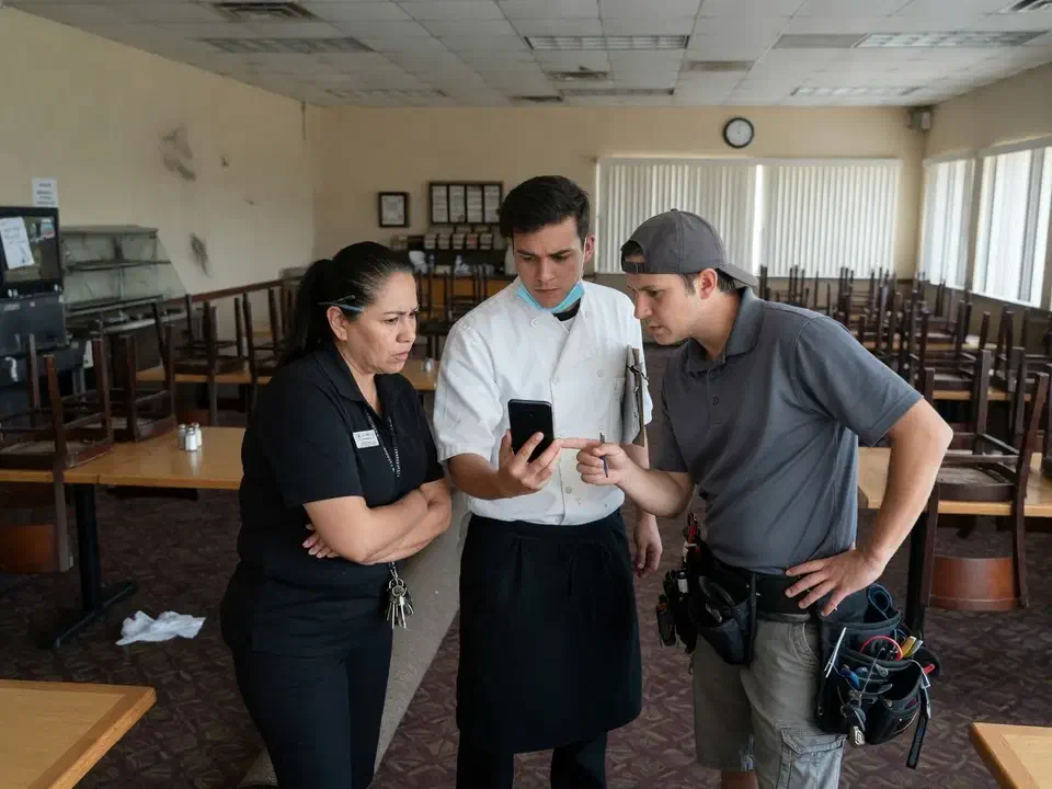 Staff and a technician checking guest Wi-Fi from the dining room