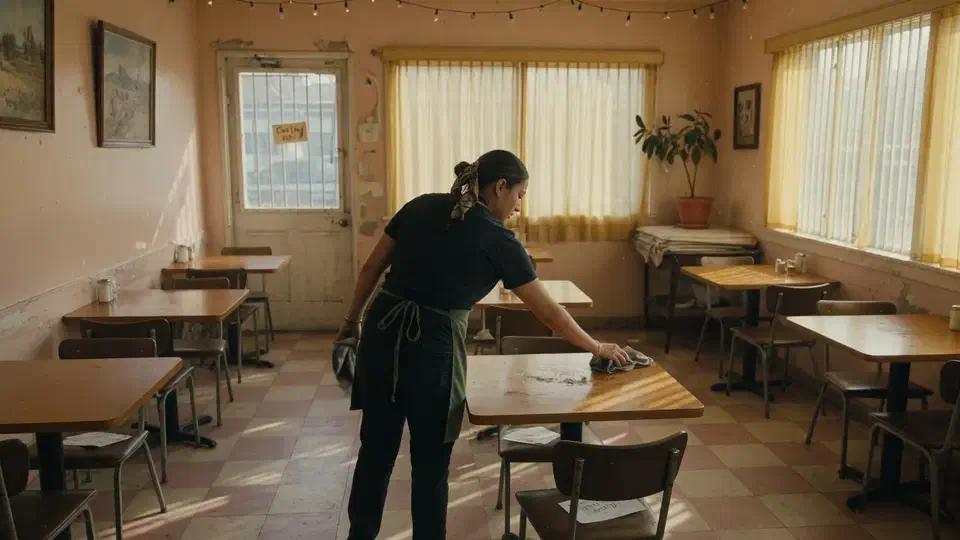 Server wiping tables in an empty independent restaurant dining room